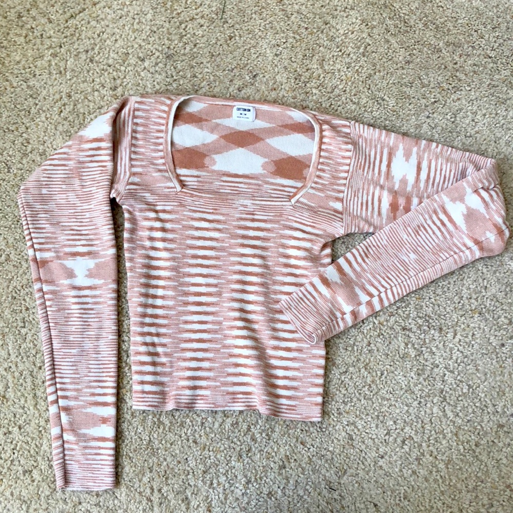 Cotton On Square Neck Long Sleeve White and Burnt Orange Size M